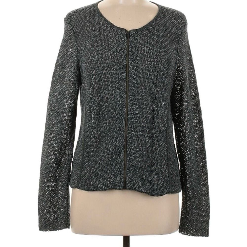 Eileen Fisher Women’s Cardigan Size M Gray Melange Knit Fisherman Full Zip FLAW